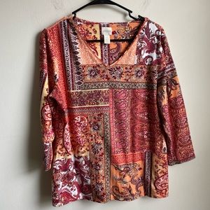 CHICO'S Orange & Brown Paisley & Flower Print V-Neck 3/4 Sleeve Shirt Top Sz 1